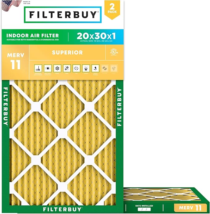 Filterbuy 20x30x1 Air Filter MERV 11 Superior Pet & Allergy Defense (2-Pack), Electrostatic Pleated HVAC AC Furnace Filters Replacement, Made in USA (Actual Size: 19.63 x 29.63 x 0.75)