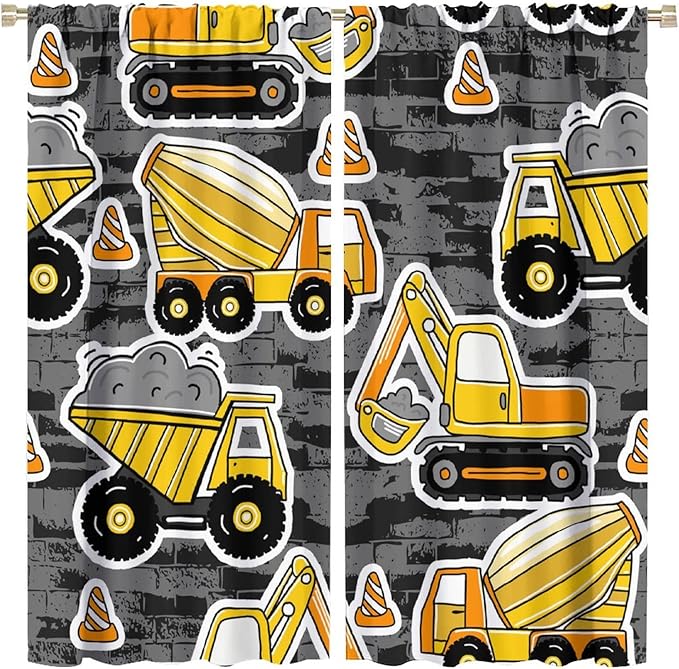 Kids Construction Excavator Window Curtains, Yellow Excavator Transporter Truck Cartoon Vehicles Rod Pocket Decorative Window Curtain for Children Teens Room 63x63in (30% Blackout)