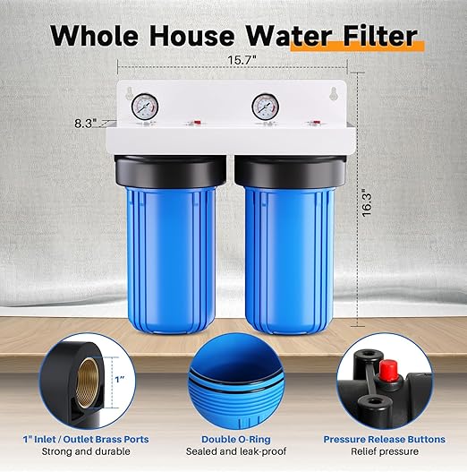 PUREPLUS 2-Stage Whole House Water Filtration System, Reduces Chlorine, Odor, Heavy Metals & Rust, with Pressure Gauges, 10" x 4.5" Housing, 1" Inlet/Outlet, PP Sediment & KDF Carbon Block Filters