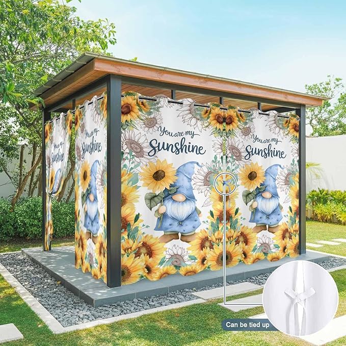 Summer Outdoor Curtains for Patio Sunflowers Gnome Eucalyptus Leaves Waterproof Outside Curtains with Grommet Top Weatherproof Curtain for Cabana Pergola Gazebo, 1 Panel, 54" W x 84" L