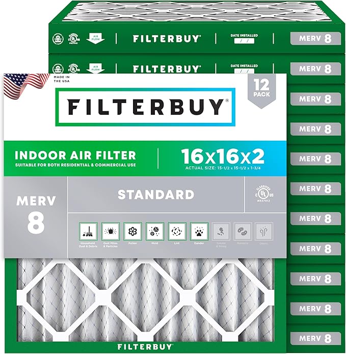 Filterbuy 16x16x2 Air Filter MERV 8 Essential Dust & Allergy Defense (12-Pack), Electrostatic Pleated HVAC AC Furnace Filters Replacement, Made in USA (Actual Size: 15.50 x 15.50 x 1.75)