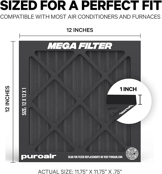 PuroAir MegaFilter - 12x12x1 Air Filter MERV 13 Activated CarbonTech Defense - Heavy Duty 3 Layer Furnace Filters Allergens, Pollen, Dust, Pet Dander, Smoke, Odors - HVAC Air Filter 12x12x1 (4-Pack)
