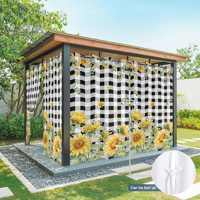 Sunflowers Outdoor Curtains for Patio Summer Floral Eucalyptus Leaf Buffalo Check Waterproof Outside Curtains with Grommet Top Weatherproof Curtain for Cabana Pergola Gazebo, 1 Panel, 54" W x 84" L