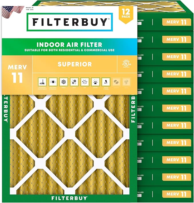 Filterbuy 18x25x2 Air Filter MERV 11 Superior Pet & Allergy Defense (12-Pack), Electrostatic Pleated HVAC AC Furnace Filters Replacement, Made in USA (Actual Size: 17.50 x 24.50 x 1.75)