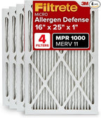 Filtrete 16x25x1 AC Furnace Air Filter, MERV 11, MPR 1000, Micro Allergen Defense, 3-Month Pleated 1-Inch Electrostatic Air Cleaning Filter, 4 Pack (Actual Size 15.69 x 24.69 x 0.81 in)