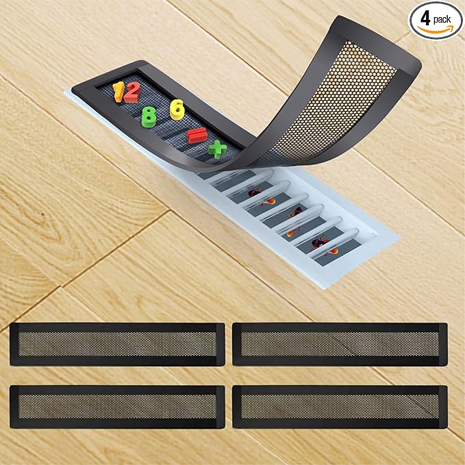 Magnetic Floor Register Vent Covers, 2 x 12 Inch Air Vent Filter Mesh, Sticky Magnet PVC Vent Screen Net for Wall Ceiling Floor Catches Toys Snacks Pet Hair and Pet Food 4 Pack