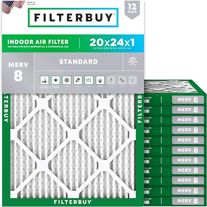 Filterbuy 20x24x1 Air Filter MERV 8 Essential Dust & Allergy Defense (12-Pack), Electrostatic Pleated HVAC AC Furnace Filters Replacement, Made in USA (Actual Size: 19.38 x 23.38 x 0.75)