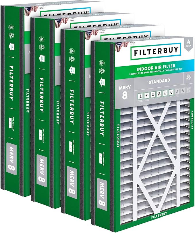 Filterbuy 16x25x5 Air Filter MERV 8 Essential Dust & Allergy Defense (4-Pack), Electrostatic Pleated HVAC AC Furnace Filters for Trion Air Bear 255649-105 and More (Actual Size: 15.63 x 24.13 x 4.88)