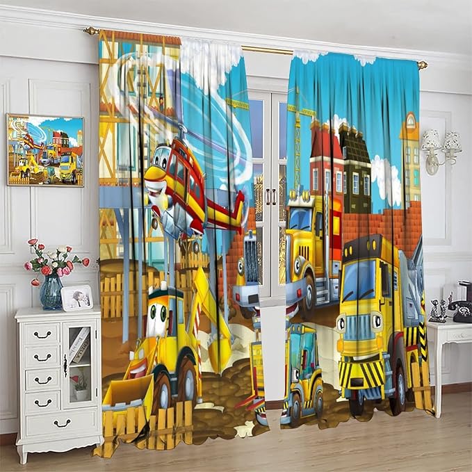 Kids Cartoon Construction Window Curtains, Funny Construction Site Cars and Helicopter Rod Pocket Decorative Windows Curtain for Children Teens Room Decor 42x54in (30% Blackout)