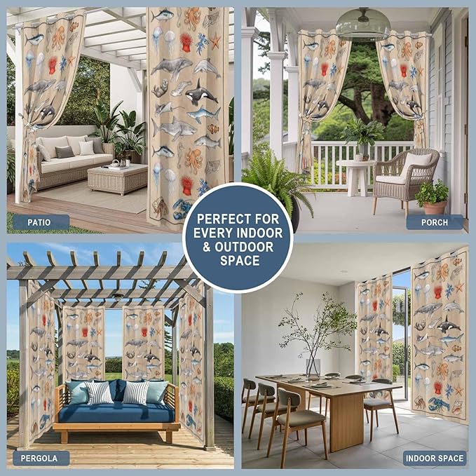 Vintage Outdoor Curtains for Patio Sharks Whales Lobsters Biographies Waterproof Outside Curtains with Grommet Top Weatherproof Curtain for Cabana Pergola Gazebo, 1 Panel, 54" W x 95" L