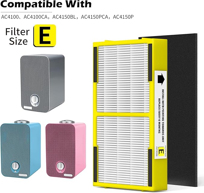 4 Pack FLT4100 HEPA Replacement Filter Size E Compatible With Guardian Technologies model AC4100 AC4100CA AC4150BLCA AC4150PCA AC4150P AC4175W Purifier, Part # FLT4100 / FLT11CB4 / Filter E