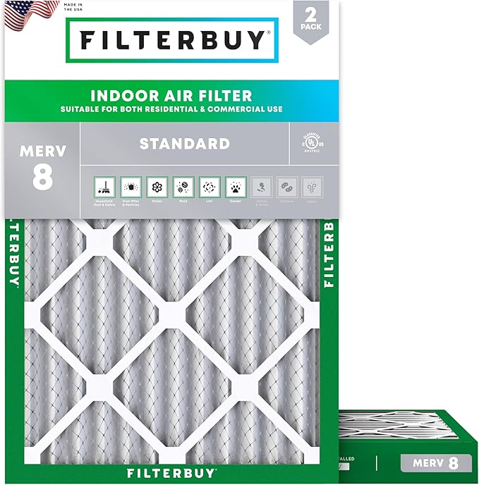 Filterbuy 24x28x2 Air Filter MERV 8 Essential Dust & Allergy Defense (2-Pack), Electrostatic Pleated HVAC AC Furnace Filters Replacement, Made in USA (Actual Size: 23.50 x 27.50 x 1.75)
