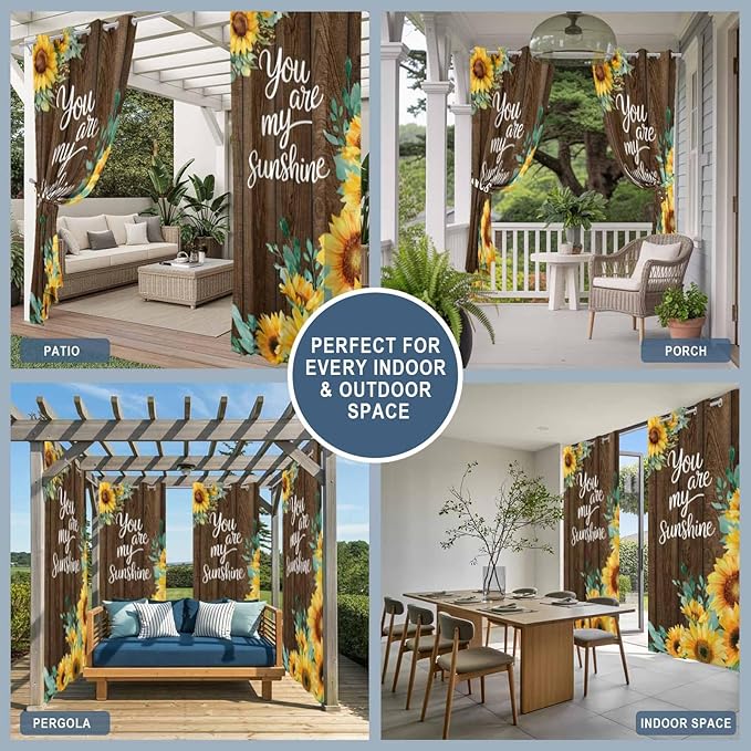 Summer Outdoor Curtains for Patio Sunflowers Eucalyptus Leaves Wood Waterproof Outside Curtains with Grommet Top Weatherproof Curtain for Cabana Pergola Gazebo, 2 Pack, 54" W x 84" L