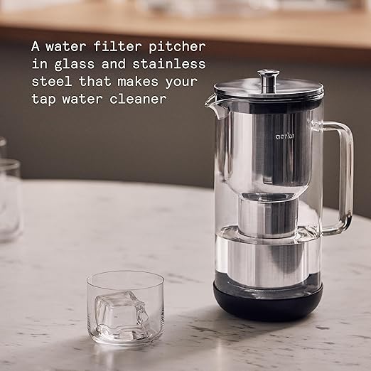 Aarke Purifier Glass Water Pitcher, Refillable Stainless Steel Filter, 8-Weeks Performance, BPA-Free, Dishwasher Safe, Pure & Enriched Refill Granules, 1.18L (5 Cups) Capacity