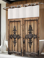Wood Barn Door No Hook Shower Curtain with Snap in Liner Set, Waterproof Shower Curtains for Bathroom, Wooden Plank Fabric Shower Curtain, See Through Mesh Top Window, 72" W x 84" L