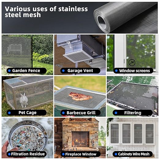 20 Mesh 304 Stainless Steel Mesh Screen, 24''×118''（60cm×300cm） Wire Screen Mesh, Rust Free Woven Wire Mesh, Metal Mesh Screen for Air Vents, Window Screen, Filters, Cage,Garden Covers