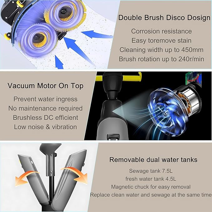 Floor Polisher Commercial, Dual-Brush Rotary Floor Scrubber, Lightweight Electric Floor Cleaner, 360° Rotating Head, Wet Dry Floor Cleaner for Offices & Schools Grey