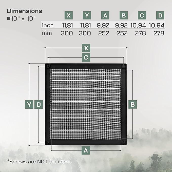 Vent Systems 10" x 10" - Pack of 2 - Black Plastic Soffit Vent Cover - Durable Flat Square Air Vent Grille with Mesh Screen - Weather Resistant Ventilation Grill - Wall & Ceiling, Indoor & Outdoor