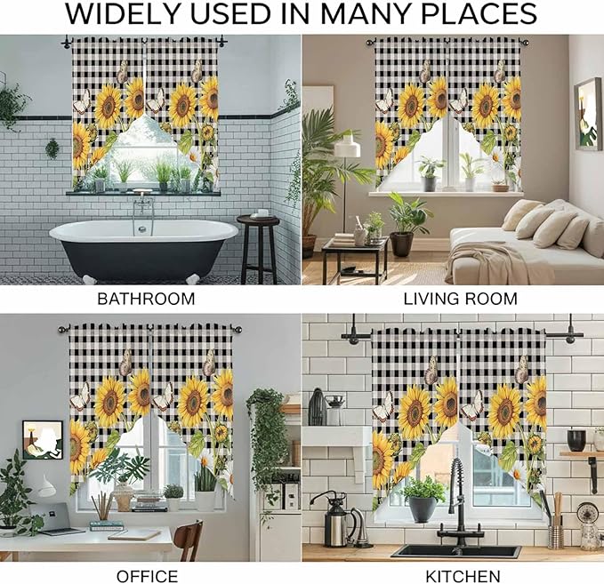 Sunflowers Swag Valances for Windows, Yellow Flowers Butterfly Farmhouse Black Plaid Rod Pocket Kitchen Curtains Valance, Kitchen Window Curtains Swag for Cafe Living Room, 2 Panels, 36x63 inch