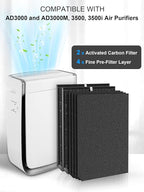 3500 Replacement Carbon Filter Compatible with Air Doctor 3000 3500 Air Purifiers, Includes 2 Activated Carbon Filters, 4 Sponge Pre-Filters, Comparable to Part # ADF3002, ADF3003