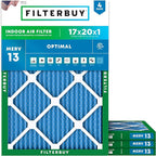 Filterbuy 17x20x1 Air Filter MERV 13 Optimal Smoke & Allergy Defense (4-Pack), Electrostatic Pleated HVAC AC Furnace Filters Replacement, Made in USA (Actual Size: 16.50 x 19.50 x 0.75)