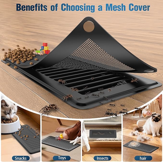 Magnetic Vent Covers with Vent Screen 7x11.3 Inch, Black Mesh Vent Covers for Floor, Wall, Ceiling Air Vents to Block Dust, Pet Hair, Fits Standard HVAC Floor Registers in Home, RV, 3 Pack