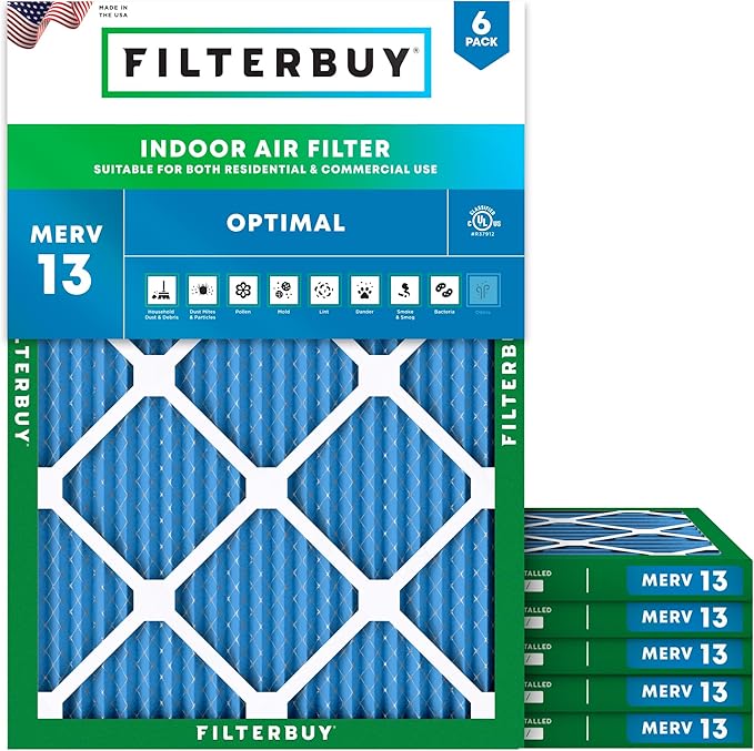 Filterbuy 18x25x1 Air Filter MERV 13 Optimal Smoke & Allergy Defense (6-Pack), Electrostatic Pleated HVAC AC Furnace Filters Replacement, Made in USA (Actual Size: 17.50 x 24.50 x 0.75)