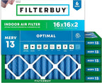 Filterbuy 16x16x2 Air Filter MERV 13 Optimal Smoke & Allergy Defense (6-Pack), Electrostatic Pleated HVAC AC Furnace Filters Replacement, Made in USA (Actual Size: 15.50 x 15.50 x 1.75)