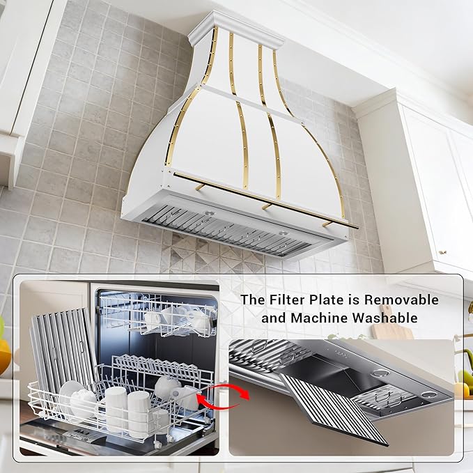 CHETTO C Stainless Steel Range Hood Cover with 4-Speed Vent Hood Insert Custom Handcrafted Metal Kitchen Fan with Towel Rack LED Light 30"W x24"D x36"H White Wall Mount