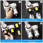 TAILONZ PNEUMATIC 0-150PSI 3/8 Inch NPT Particulate Filter+Coalescing Filter Air Filter Pressure Regulator Combo Piggyback, Air Tool Compressor Filter (Semi-Auto Drainage）