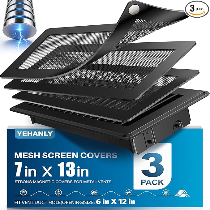 Magnetic Vent Covers with Vent Screen 7x13 Inch, Black Mesh Vent Covers for Floor, Wall, Ceiling Air Vents to Block Dust, Pet Hair, Fits Standard HVAC Floor Registers in Home, RV, 3 Pack