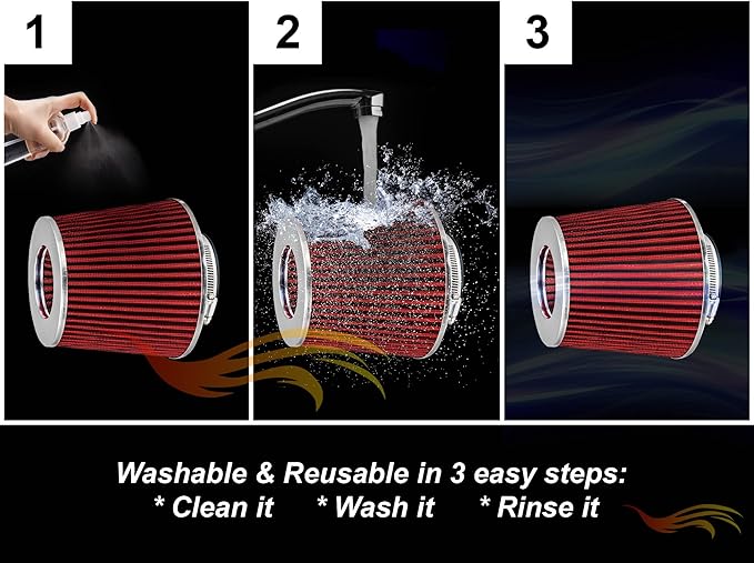 Rtunes Racing Universal Clamp-On Air Filter, Standard Cone, Dry Washable Design, Multiple Inlet Sizes (Red, 3" Inch)