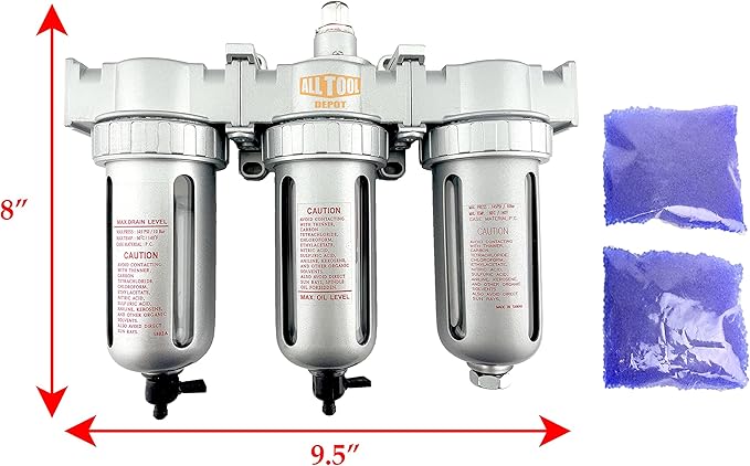 1/2" NPT MID FLOW 3 Stages Filter Coalescing Desiccant Dryer System For Compressed Air Lines, Poly Bowls, Great For Paint Spray And Plasma Cutter (MANUAL DRAIN)