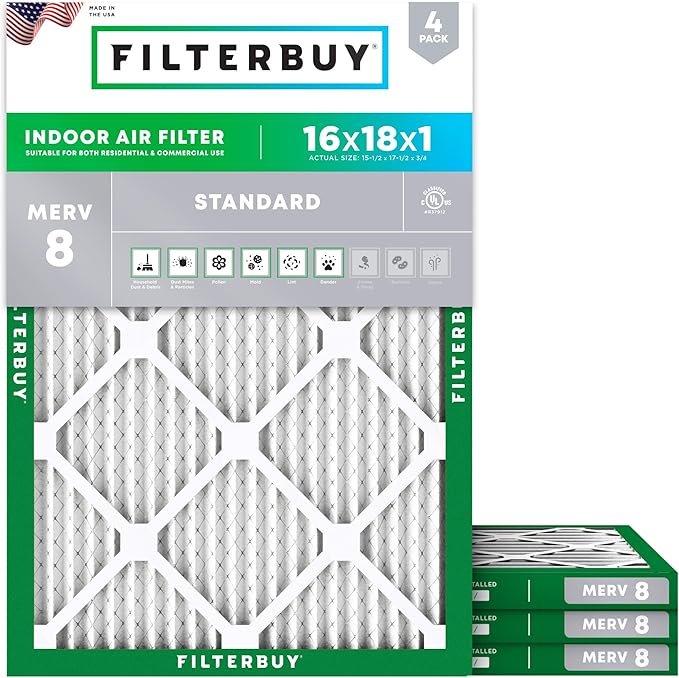 Filterbuy 16x18x1 Air Filter MERV 8 Essential Dust & Allergy Defense (4-Pack), Electrostatic Pleated HVAC AC Furnace Filters Replacement, Made in USA (Actual Size: 15.50 x 17.50 x 0.75)