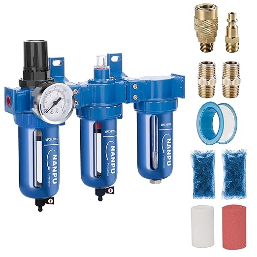 NANPU Zinc Alloy 3 Stage Air System - Particulate Filter, Coalescing Filter, Desiccant Dryer & Air Regulator, Poly Bowl, Manual Drain, Mid Flow, Suitable for Paint Spray & Plasma Cutter (1/4" NPT)