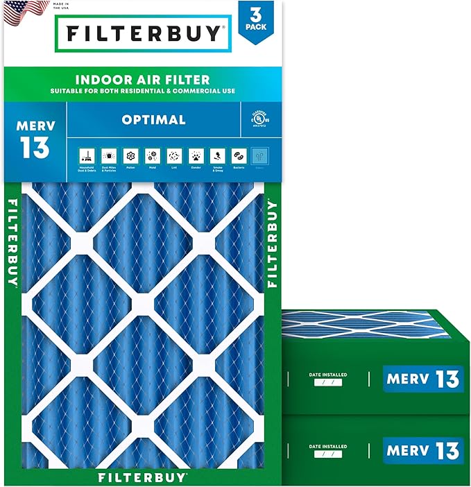Filterbuy 16x25x4 Air Filter MERV 13 Optimal Smoke & Allergy Defense (3-Pack), Electrostatic Pleated HVAC AC Furnace Filters Replacement, Made in USA (Actual Size: 15.50 x 24.50 x 3.63)
