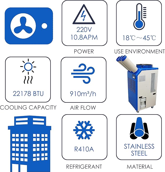 Portable Air Conditioner 22,178 BTU Industrial Spot Cooler Air Conditioner 910m³/h Mobile Outdoor Indoor Cooling Aircon with Three Column 220V 2400W