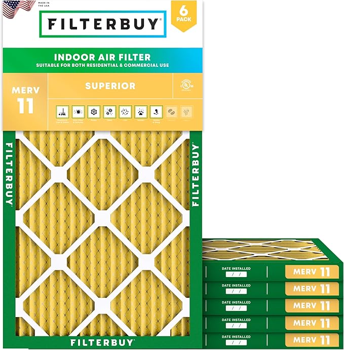 Filterbuy 10x18x1 Air Filter MERV 11 Superior Pet & Allergy Defense (6-Pack), Electrostatic Pleated HVAC AC Furnace Filters Replacement, Made in USA (Actual Size: 9.50 x 17.50 x 0.75)