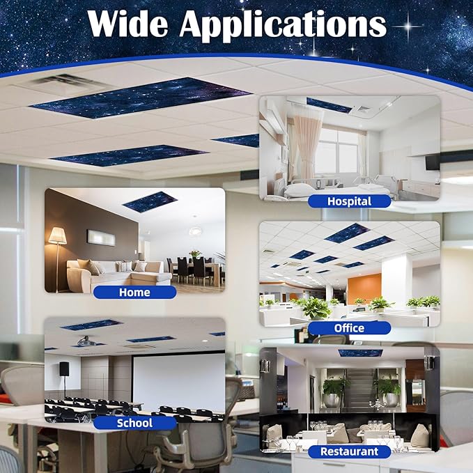 4 Pcs Fluorescent Light Covers - Classroom, Office 4 x 2 Feet Flame Retardant Magnetic Covers for Ceiling Lights Filters (Starry Sky)
