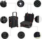 MEIJIA Portable All Weather Premium Rolling Wheels Waterproof Hard Compact Camera Case with Customizable Fit Foam,Pull Handle, 24.6"X19.7"X11.7",Black