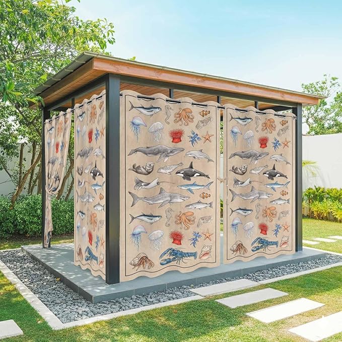 Vintage Outdoor Curtains for Patio Sharks Whales Lobsters Biographies Waterproof Outside Curtains with Grommet Top Weatherproof Curtain for Cabana Pergola Gazebo, 2 Pack, 54" W x 108" L