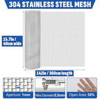 20 Mesh 304 Stainless Steel Mesh Screen, 15.7'' x 142''(40cm x 360cm) Wire Screen Mesh, Rust Free Woven Wire Mesh, Metal Mesh Screen for Air Vents, Window Screen, Filters, Garden Covers