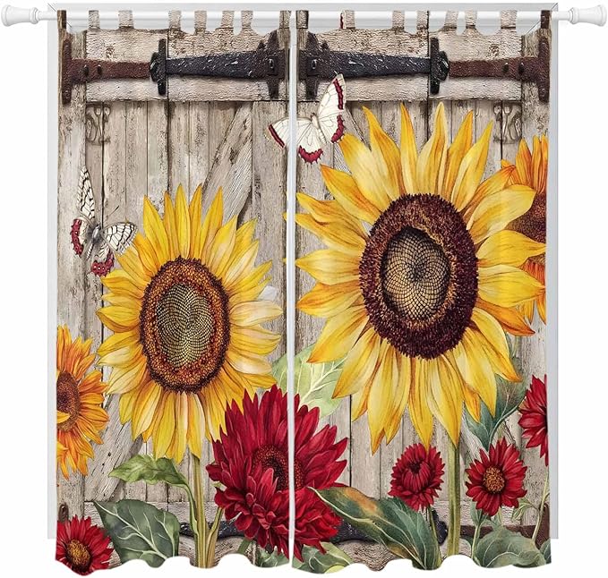 Sunflowers Living Room Curtains 96 Inch Length, Window Curtains Tab Top, Retro Flower Barn Doors Butterfly Farmhouse Brown Light Filtering Window Treatments Drapes 52"x96" 2 Panel