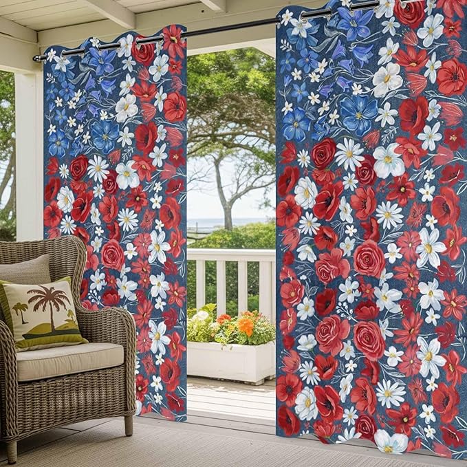 4th of July Outdoor Curtains for Patio Patriotic Flowers Farmhouse Red Waterproof Outside Curtains with Grommet Top Weatherproof Curtain for Cabana Pergola Gazebo, 1 Panel, 54" W x 108" L