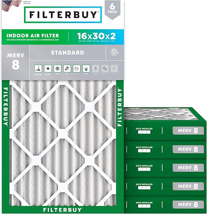 Filterbuy 16x30x2 Air Filter MERV 8 Essential Dust & Allergy Defense (6-Pack), Electrostatic Pleated HVAC AC Furnace Filters Replacement, Made in USA (Actual Size: 15.69 x 29.69 x 1.75)