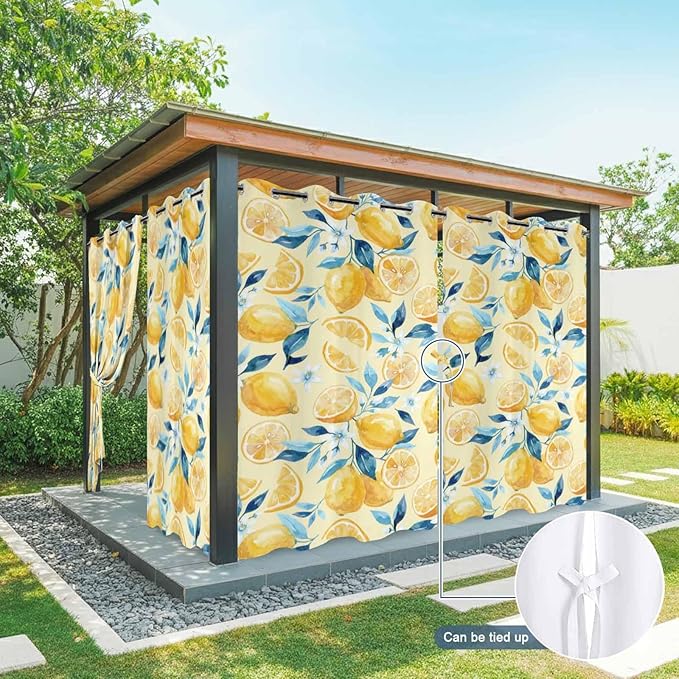 Lemon Outdoor Curtains for Patio Lemon Leaves Summer Plants Begin Waterproof Outside Curtains with Grommet Top Weatherproof Curtain for Cabana Pergola Gazebo, 1 Panel, 54" W x 95" L