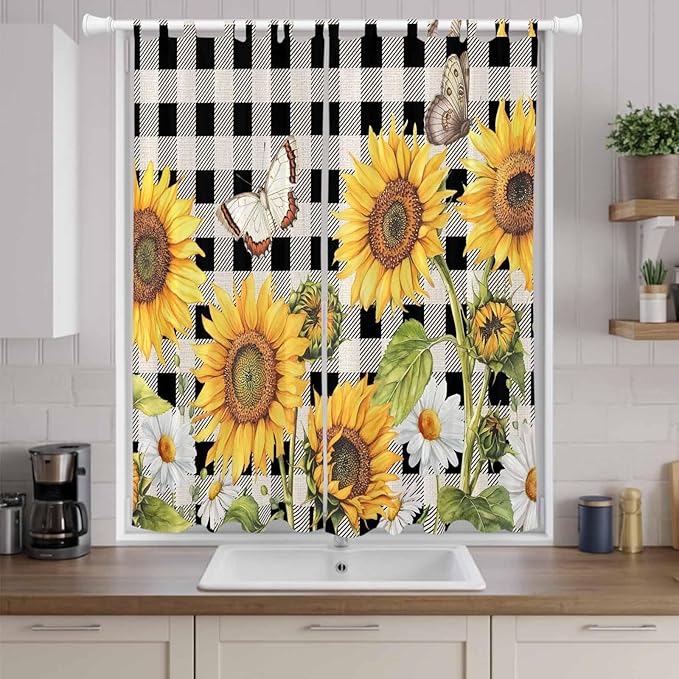 Sunflowers Living Room Curtains 96 Inch Length, Window Curtains Tab Top, Yellow Flowers Butterfly Farmhouse Black Plaid Light Filtering Window Treatments Drapes 52"x96" 2 Panel