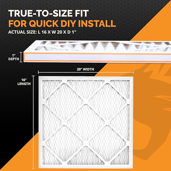 Tiger Tough 16x20x1 Air Filter MERV 8 MPR 600-800, High-Performance Pleated HVAC AC Furnace Filter Replacement for Home, 12-Pack