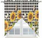 Sunflowers Swag Valances for Windows, Yellow Flowers Butterfly Farmhouse Black Plaid Rod Pocket Kitchen Curtains Valance, Kitchen Window Curtains Swag for Cafe Living Room, 2 Panels, 36x45 inch
