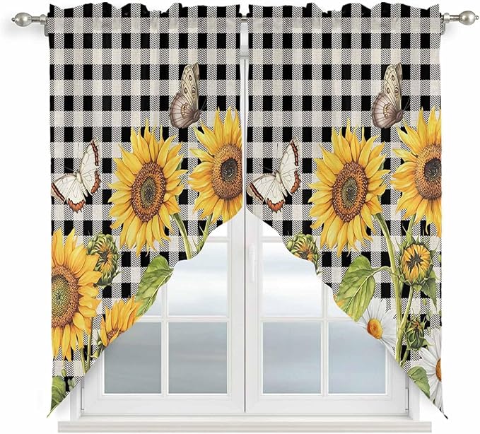 Sunflowers Swag Valances for Windows, Yellow Flowers Butterfly Farmhouse Black Plaid Rod Pocket Kitchen Curtains Valance, Kitchen Window Curtains Swag for Cafe Living Room, 2 Panels, 36x63 inch